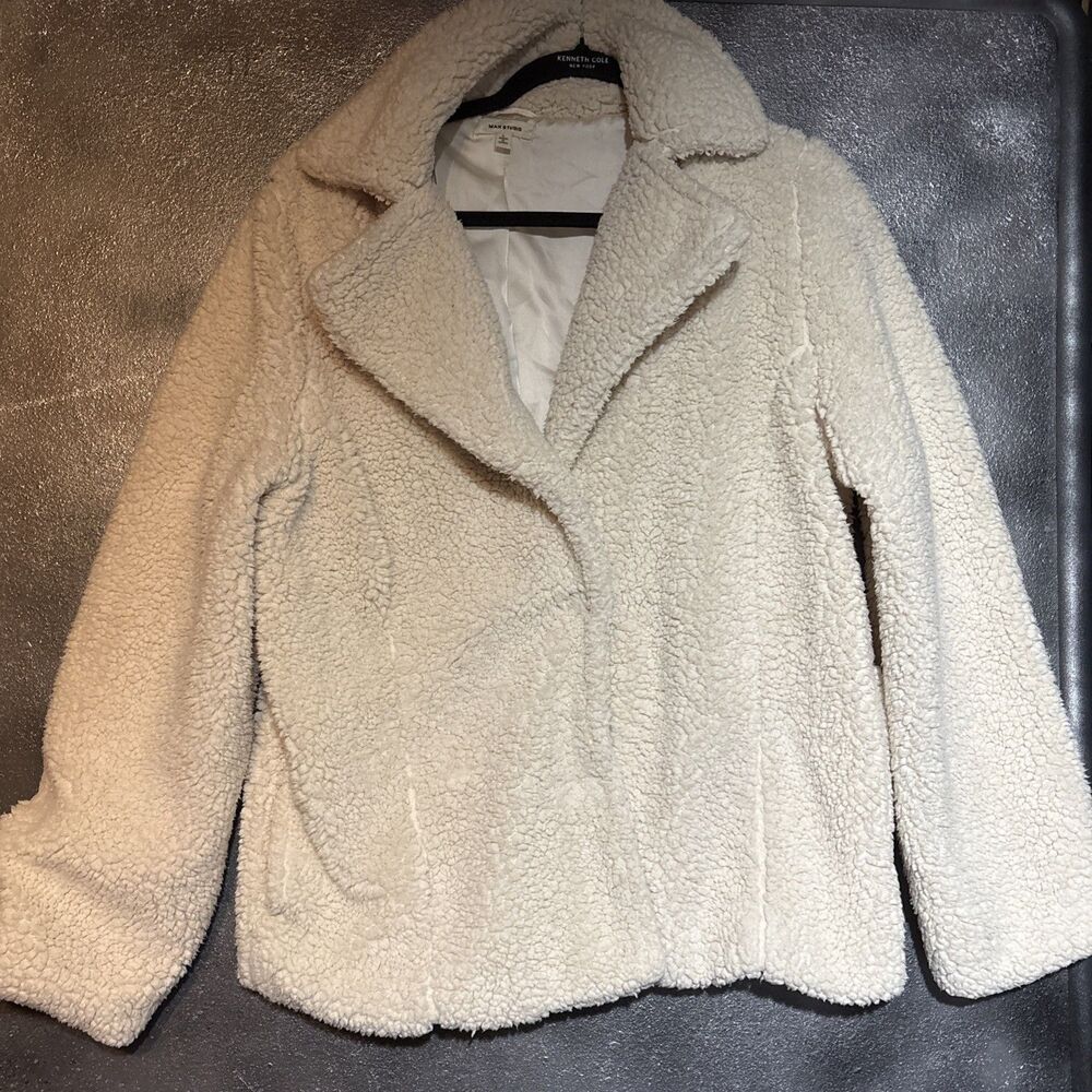 Max Studio Jacket Coat Women's Large Teddy Cream Fleece Faux Fur  Cabincore Sz L